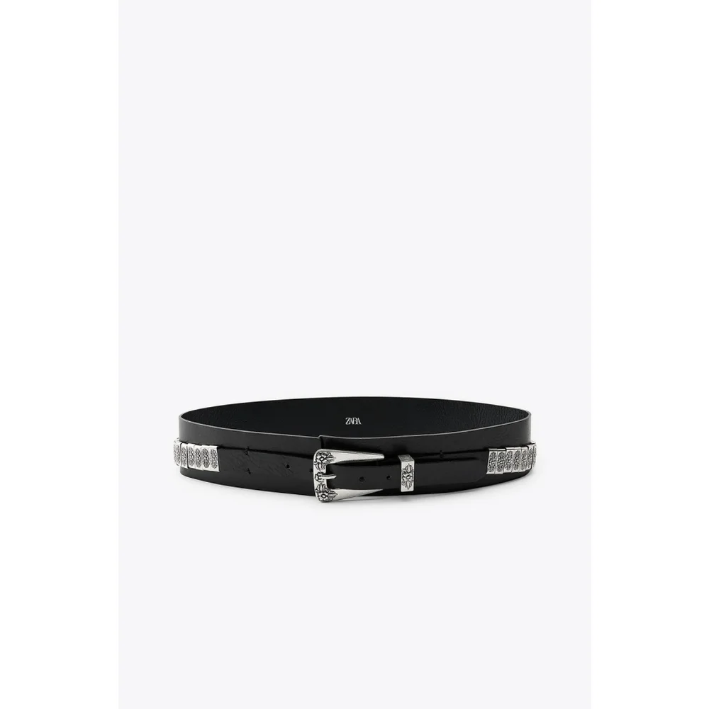 Leather Belt with Metal Pieces Size 32 US
